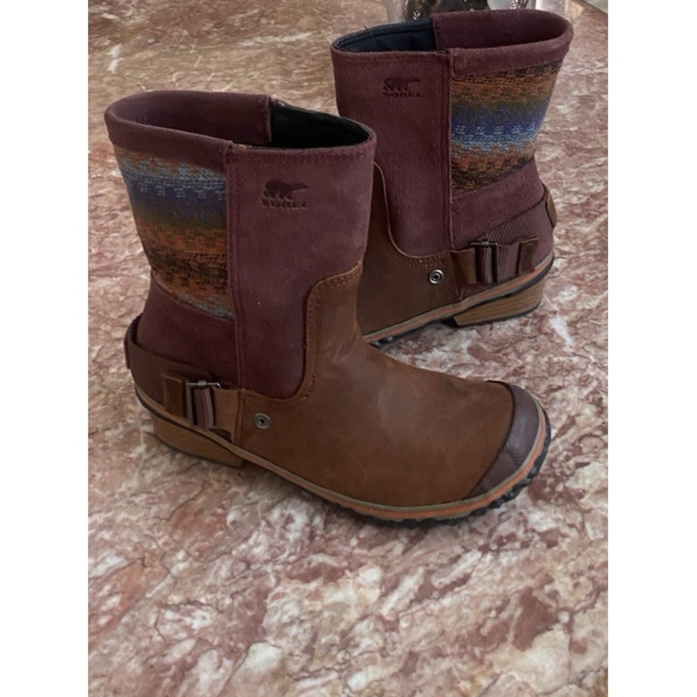 Sorel Women's Madder Brown/Bonfire Slimshortie Suede Knit Boots Size 6 EUC, $150